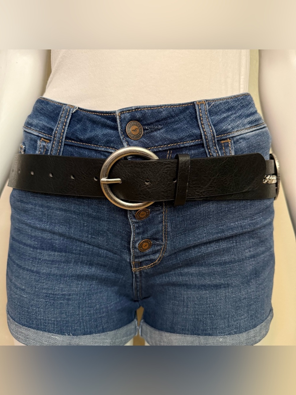 Black PU leather belt old silver tone buckle with heart and chain details